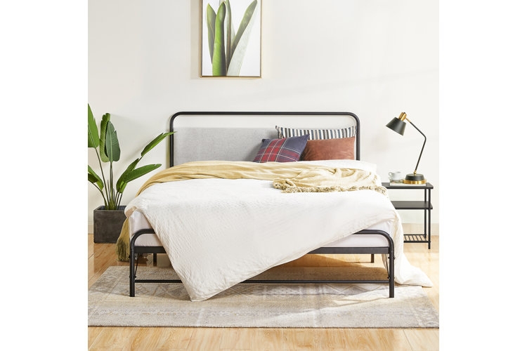 Upholstered Bed Light Gray Linen Look Low Profile Scandinavian Style