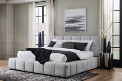 Upholstered Bed Light Gray Vertical Channel Tufting Contemporary Style