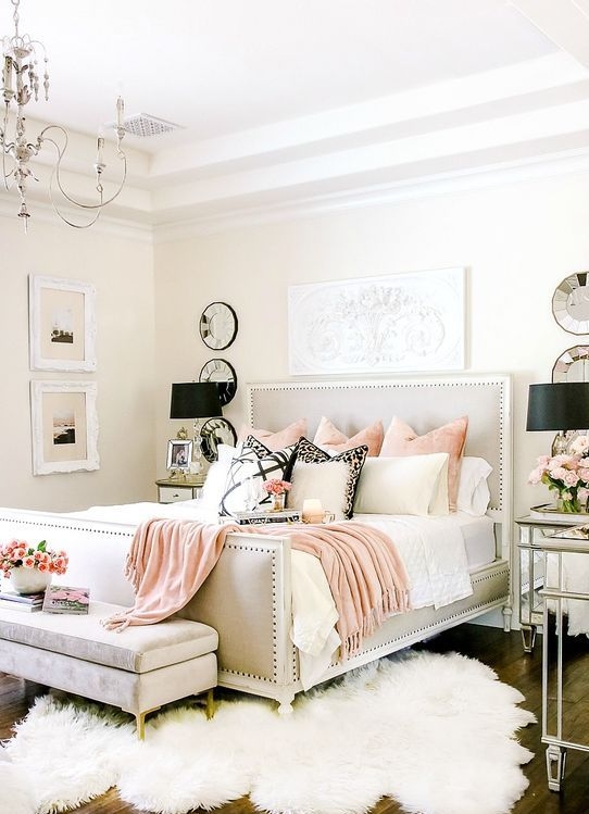 Upholstered Bed Light Grey Lavender Accents Tufted Bench Romantic Glam