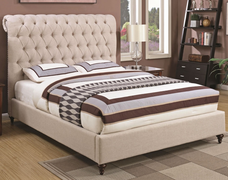 Upholstered Bed Linen-Like Button Tufted Wingback Transitional Style