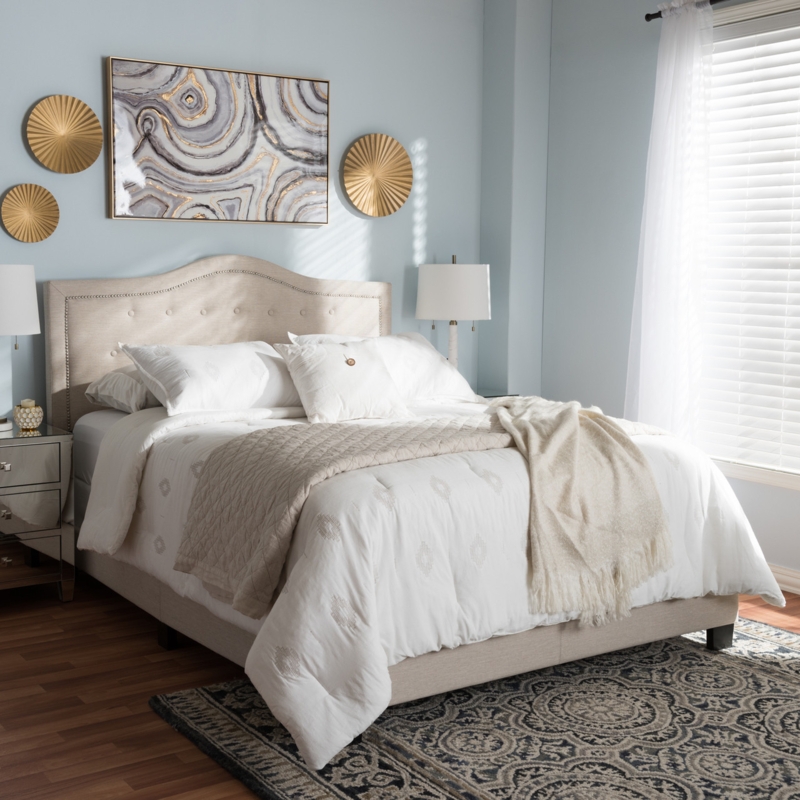 Upholstered Bed Mid-Century Modern Grid Tufted Headboard Tapered Legs