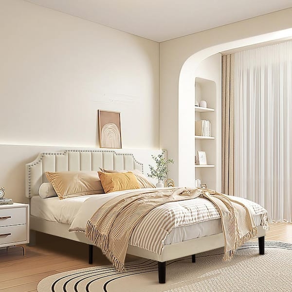 Upholstered Bed Mixed Material Frame Beige Adjustable Headboard