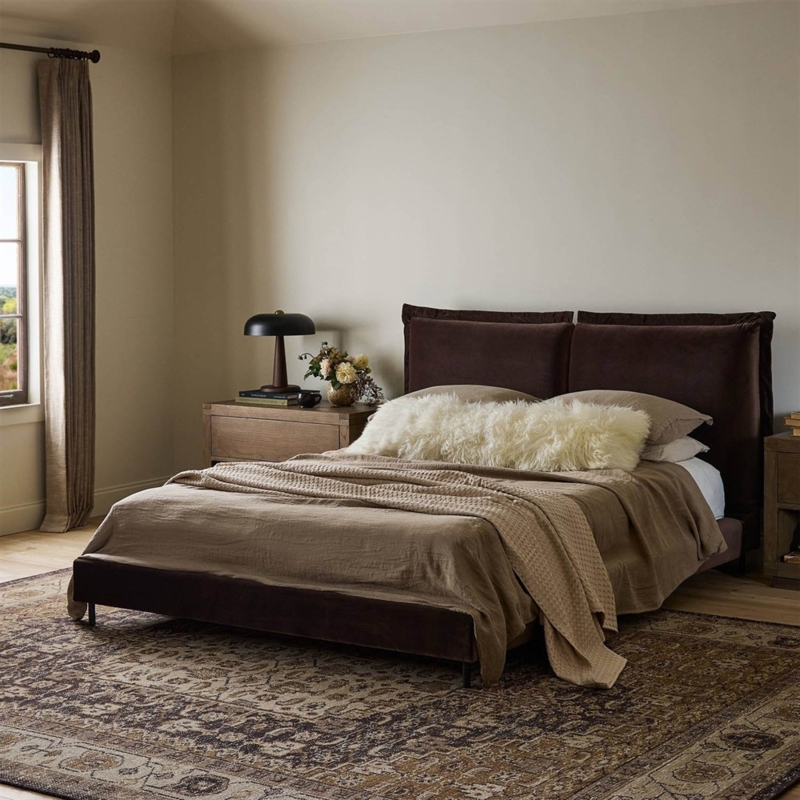 Upholstered Bed Modern Dark Cocoa Velvet Wingback Headboard Plush