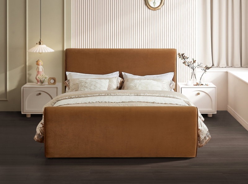 Upholstered Bed Navy Velvet Vertical Channel Tufting Curved Headboard