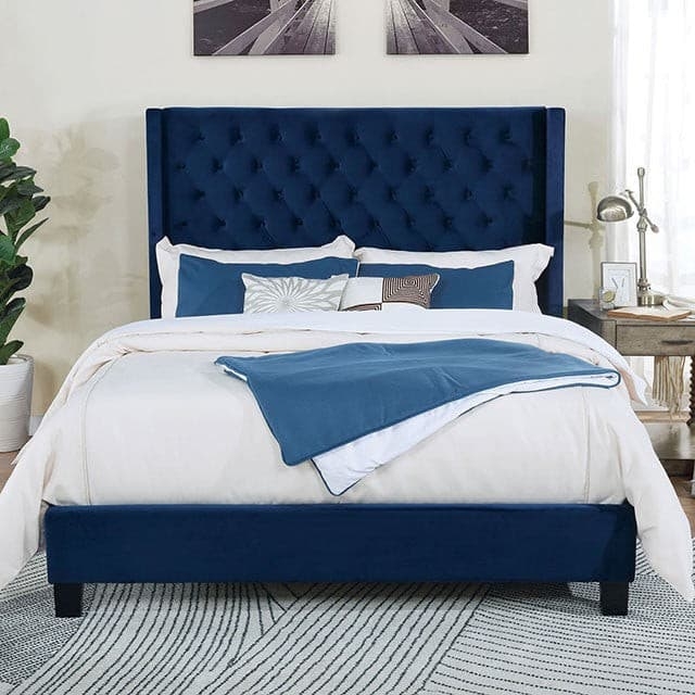 Upholstered Bed Navy Velvet Wingback with Gold Metallic Inlay