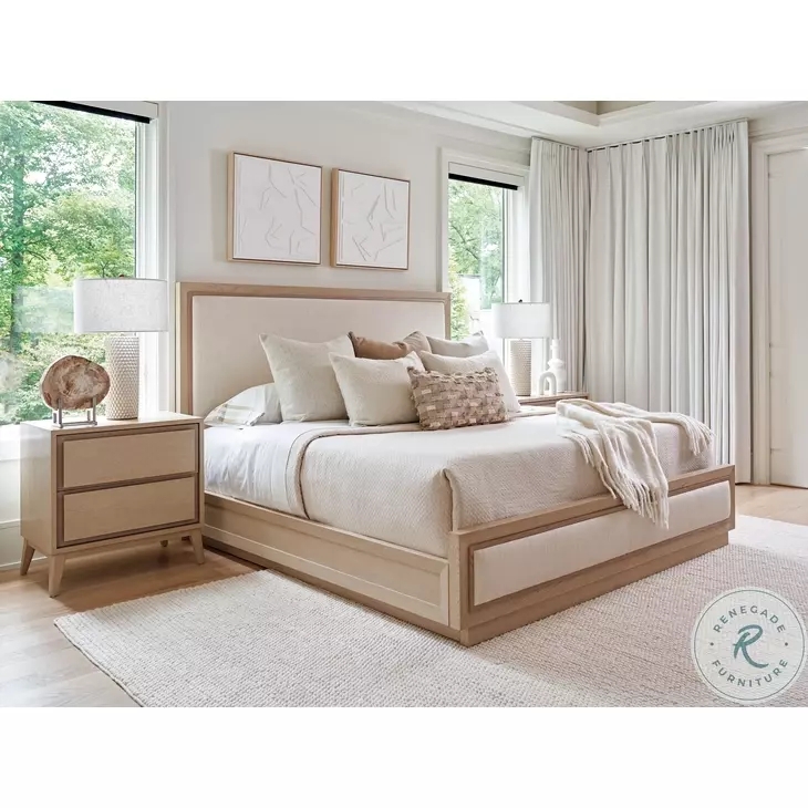 Upholstered Bed Notched Headboard Sand Drift Coastal Chic Wood Finish