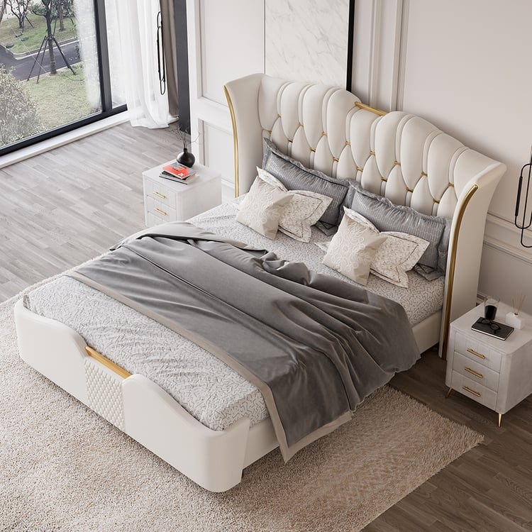 Upholstered Bed Off-White Linen-Like Diamond Tufting Transitional