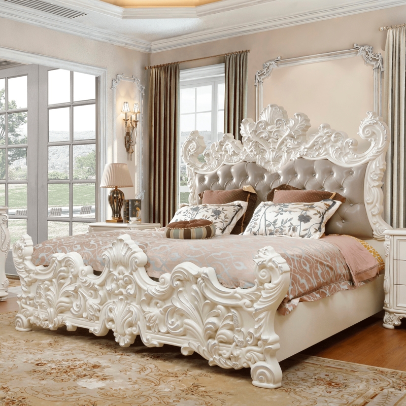 Upholstered Bed, Ornate Gold Carvings, Oversized Tufted Headboard