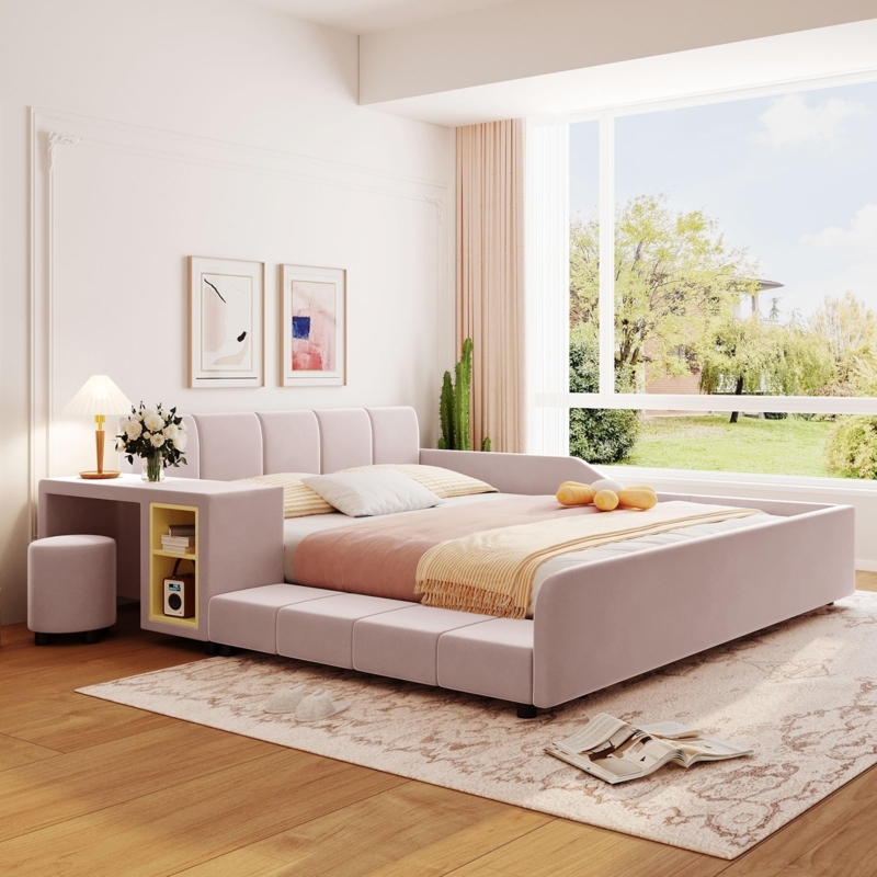 Upholstered Bed Pink Velvet With Integrated Desk Channeled Headboard