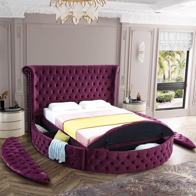Upholstered Bed Purple Velvet Vertical Channel Tufting Tall Headboard