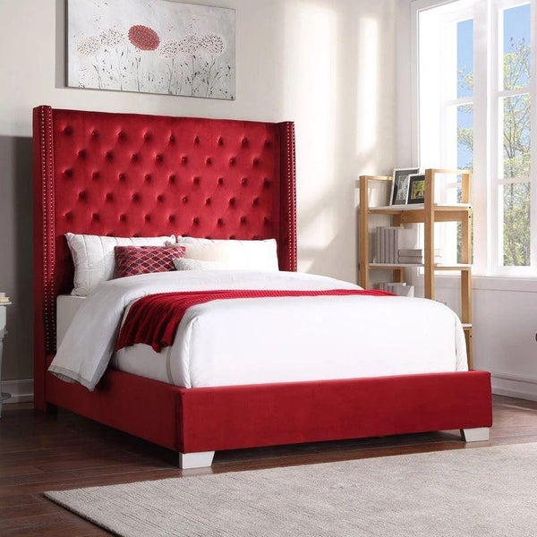 Upholstered Bed Red Velvet Wingback Headboard Diamond Tufting