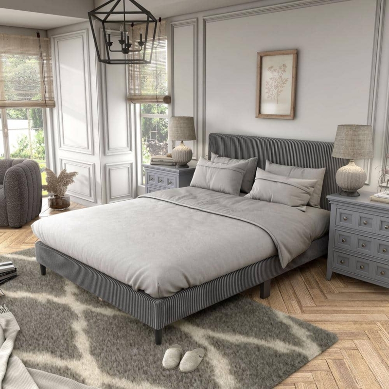 Upholstered Bed Ribbed Corduroy-like Vertical Channel Tufting