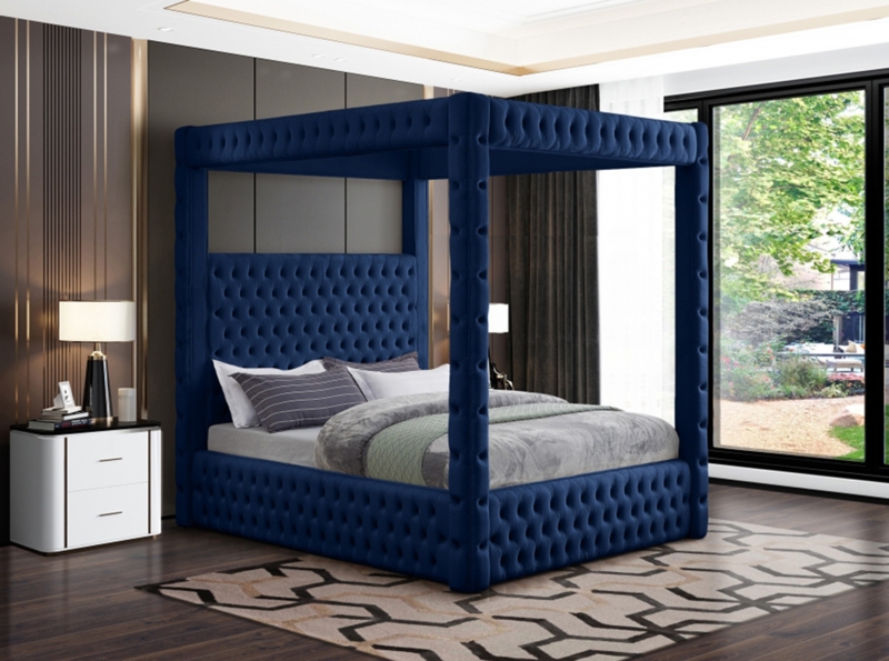 Upholstered Bed Royal Blue Velvet Vertical Channel Tufting Gold Legs