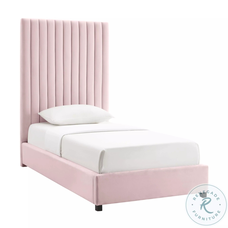 Upholstered Bed Scalloped Headboard Blush Velvet Gold Tapered Legs