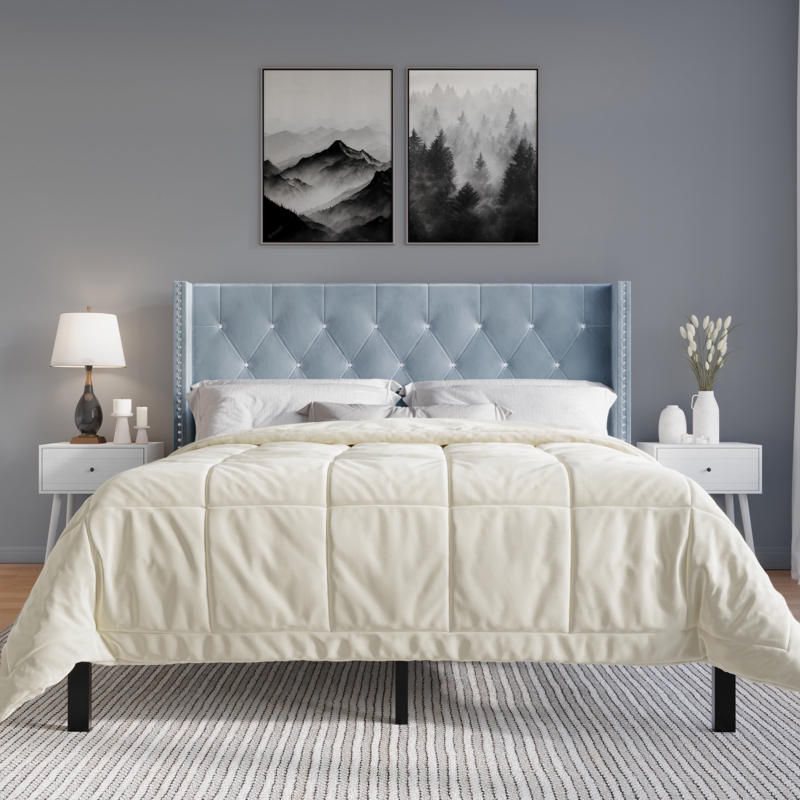 Upholstered Bed Set Light Blue Velvet Button Tufted Wingback Symmetrical