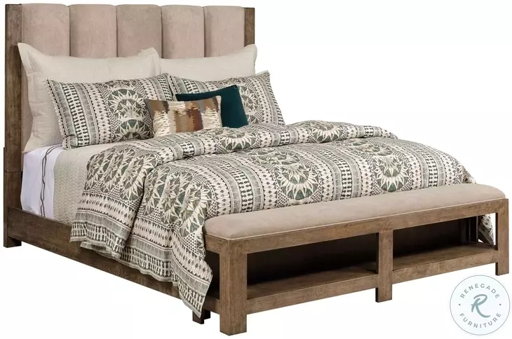 Upholstered Bed Smoke Grey Integrated Bench Channel Tufting