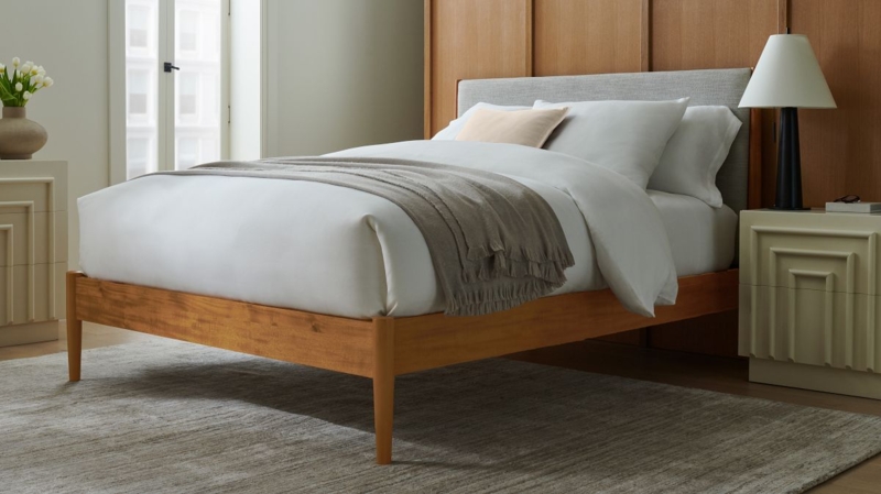 Upholstered Bed Splayed Legs Mid-Century Modern Grey Fabric