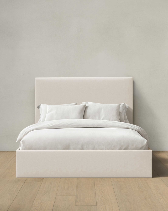 Upholstered Bed Square Headboard Ivory Linen Blend Minimalist Design