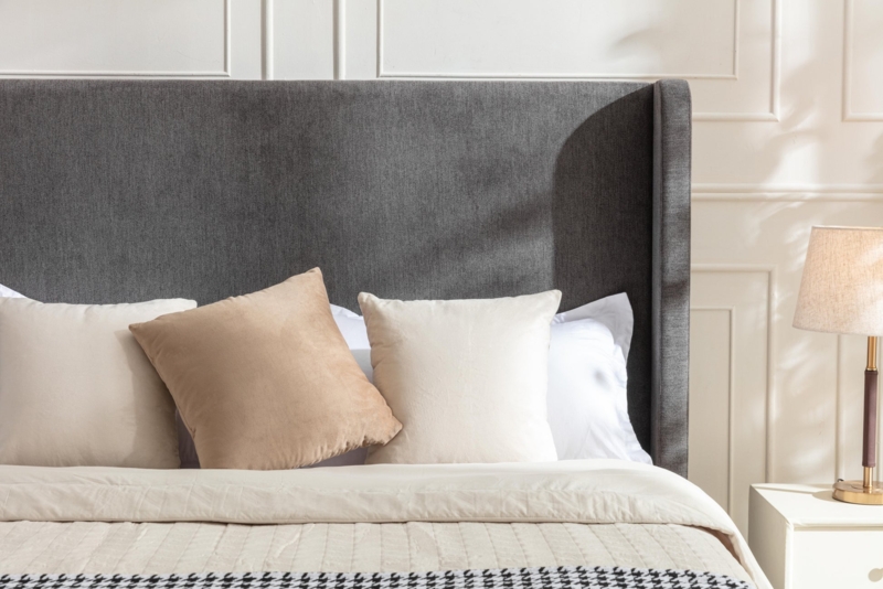 Upholstered Bed: Tall Channeled Dark Gray Velvet Headboard