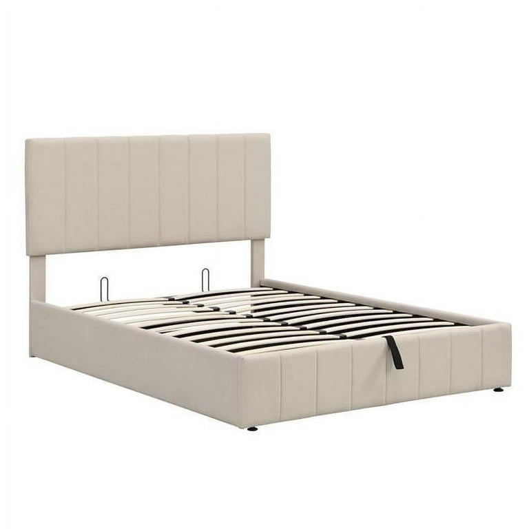 Upholstered Bed Tall Rectangular Headboard Block Feet Linen Blend Look