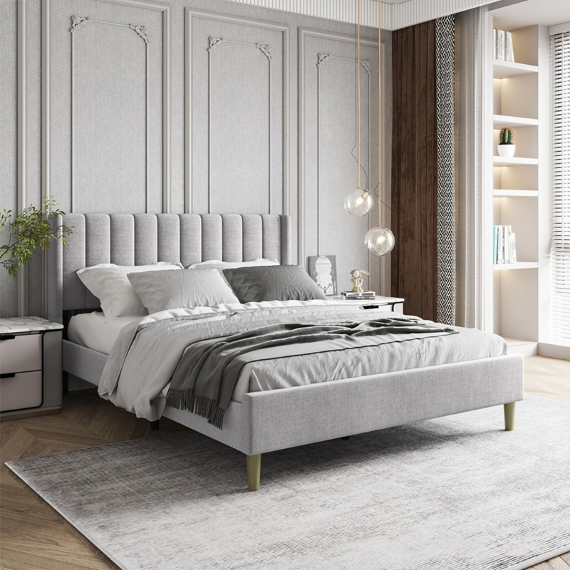 Upholstered Bed Vertical Channel Tufted Minimalist Grey