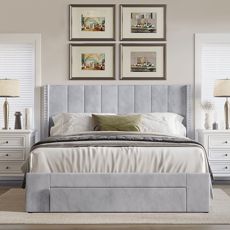 Upholstered Bed Vertical Channel Tufting Wingback Silhouette Gray