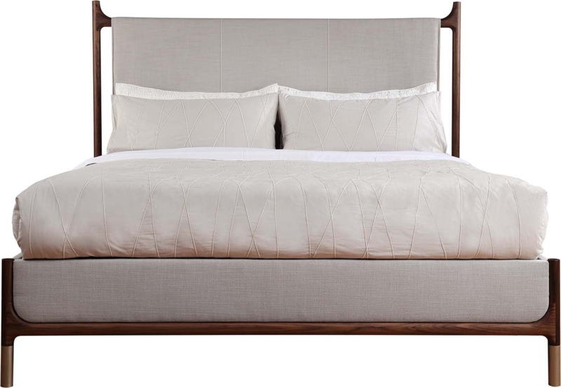 Upholstered Bed Walnut Wood Frame Mid-Century Modern Design