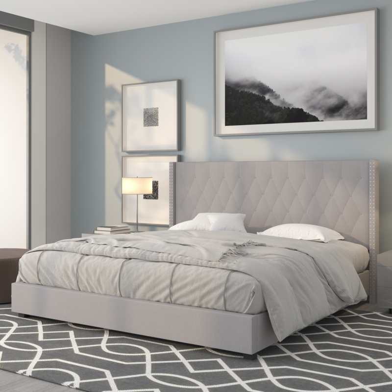 Upholstered Bed Wingback Diamond Tufted Light Gray Linen