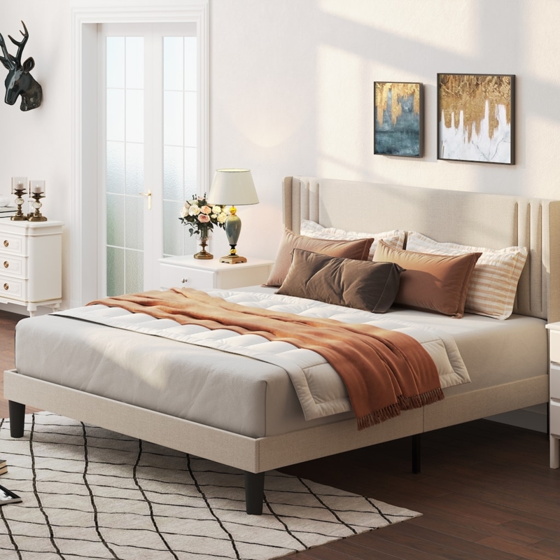 Upholstered Bed Wingback Vertical Channel Tufting Light Gray Fabric