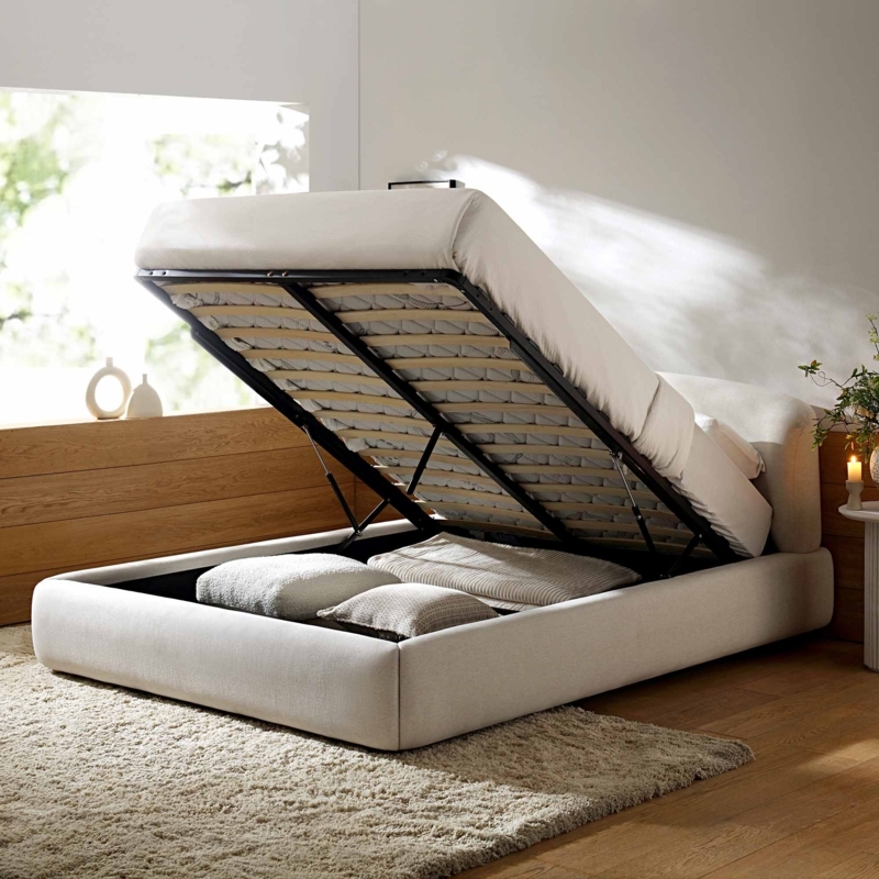 Upholstered Bed Winged Headboard Button Tufted with Ottoman Storage