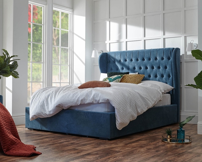 Upholstered Bed Winged Headboard Vertical Channel Tufting Ottoman Base