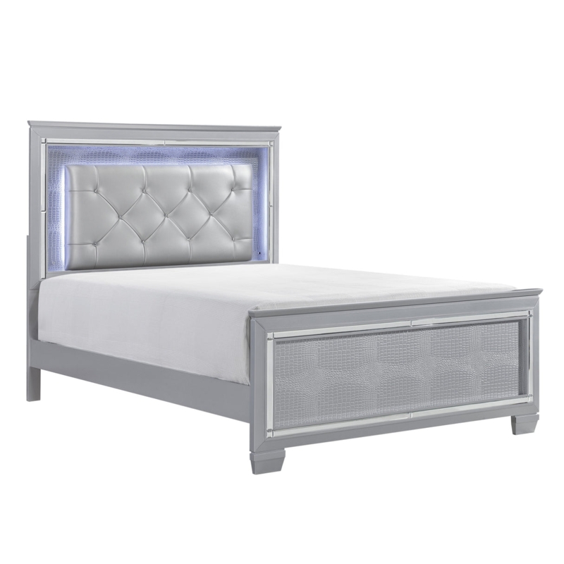 Upholstered Bed with Blue LED Lighting and Tufted Headboard