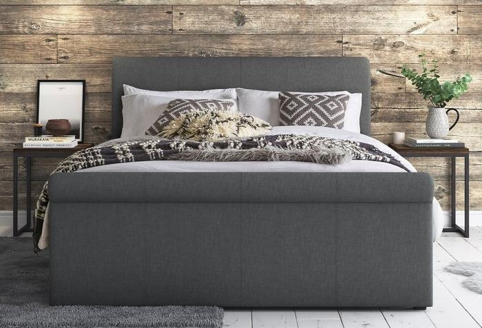 Upholstered Bed with Channeled Headboard Navy Blue Wainscoting Accent