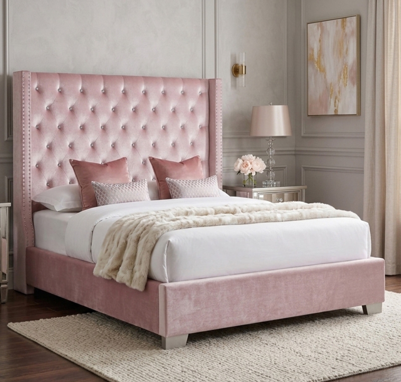 Upholstered Bed with Extra Tall 72-Inch Headboard, Blush Pink Velvet Glam
