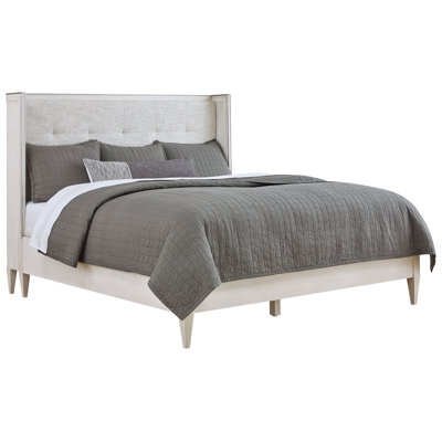 Upholstered Bed with High Profile Headboard in Cream Fabric