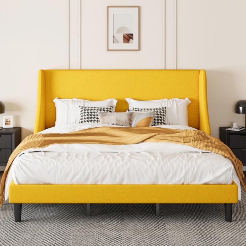 Upholstered Bed with Linen Wingback Silhouette and Gold-Toned Legs