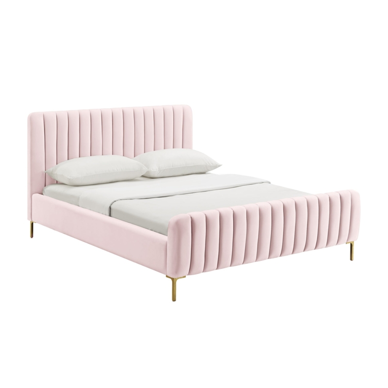 Upholstered Bed with Tiered Curved Headboard, Blush Pink Velvet Gold Legs