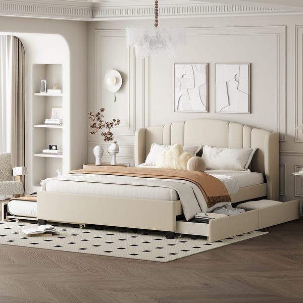 Upholstered Bed with Trundle Storage, Grey Wingback, Drawers