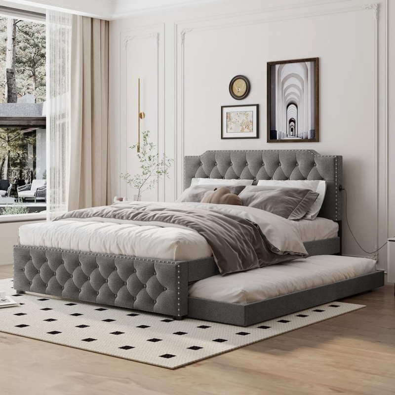 Upholstered Bed with Twin Trundle, Button Tufting, Nailhead Trim, Gray
