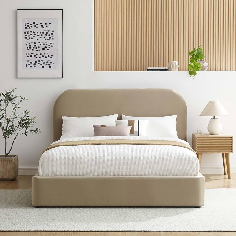 Upholstered Bed with Velvet Curved Headboard in Transitional Style