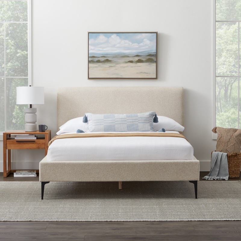 Upholstered Bed with Wingback Headboard and Tapered Wood Legs