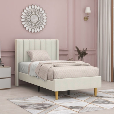 Upholstered Bed with Wingback Headboard in Charcoal Gray Low Profile