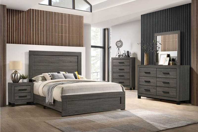 Upholstered Bed with Wood Frame and Mixed Material Accents