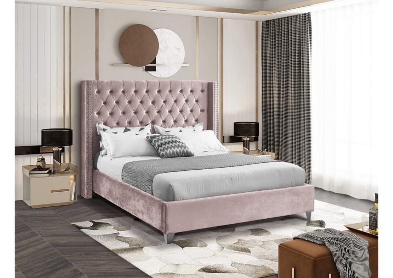 Upholstered King Bed, Blush Pink Velvet Channel Tufted with Gold Legs
