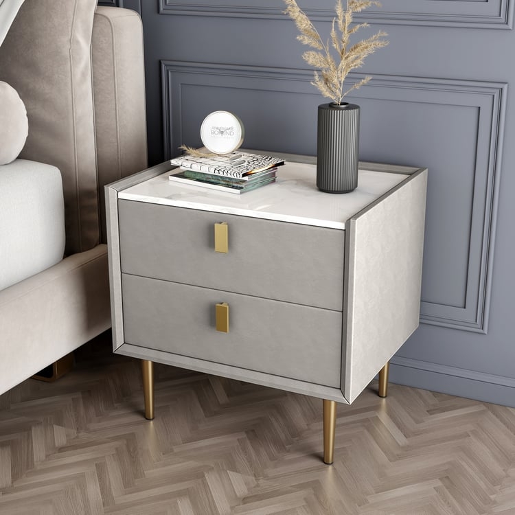 Upholstered Nightstand Set with Gray Leather-Like Wrap and Gold Legs