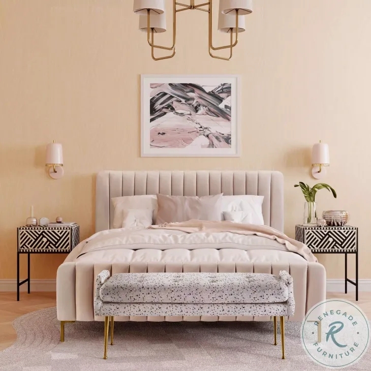 Upholstered Panel Bed Blush Velvet Appearance Contemporary Design