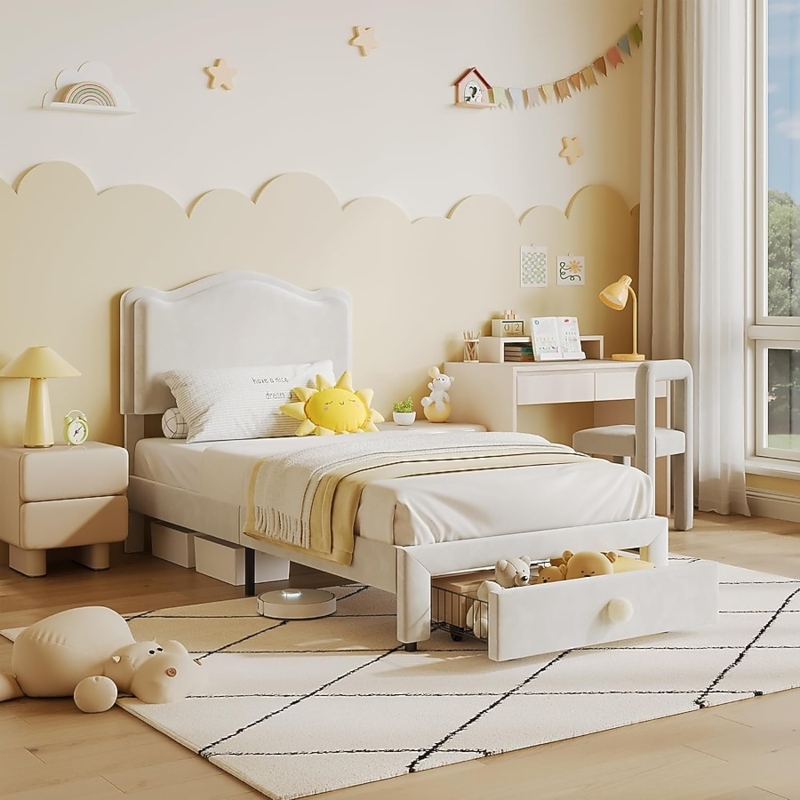 Upholstered Platform Bed Beige Channel Tufting Storage Drawer