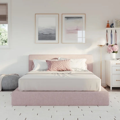 Upholstered Platform Bed Cloud Shaped Headboard Design Pink Marshmallow
