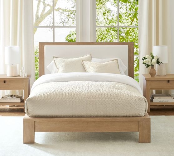Upholstered Platform Bed Framed Ivory Upholstery, Dark Wood Frame