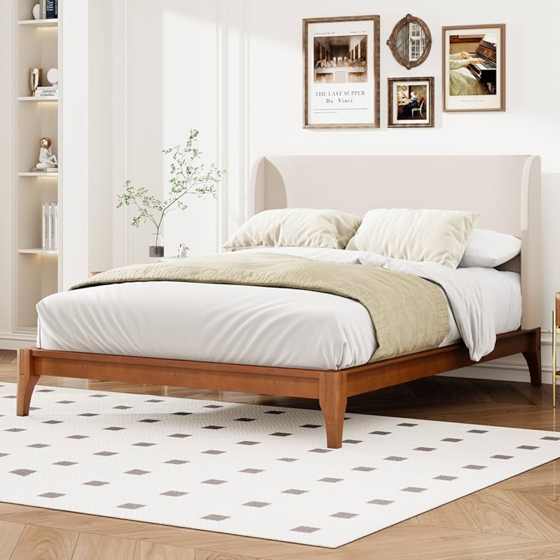 Upholstered Platform Bed Wingback Headboard Wood Slat Accents Neutral